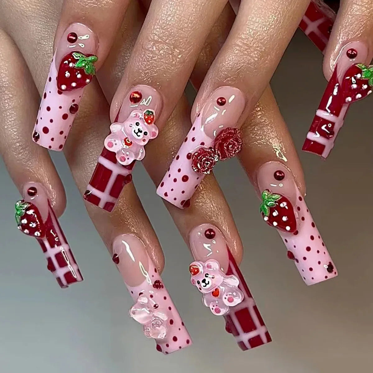 Strawberry & Bear Themed Fake Nails